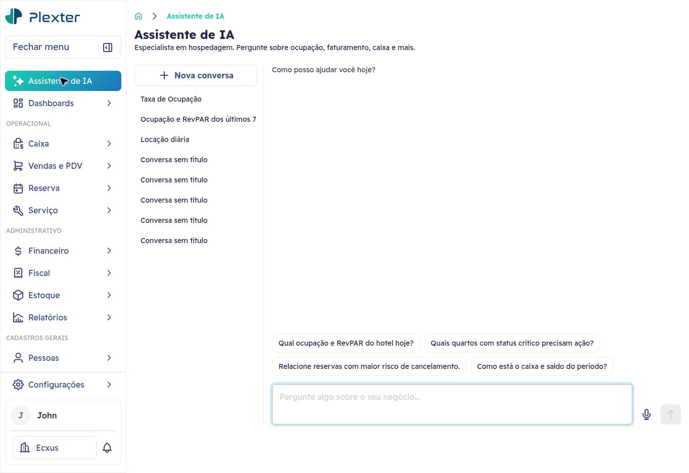 Assistente de IA do Plexter com sugestões de perguntas